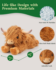 Cuckool Highland Cow plush, huggable companion for travel or couch cuddles.