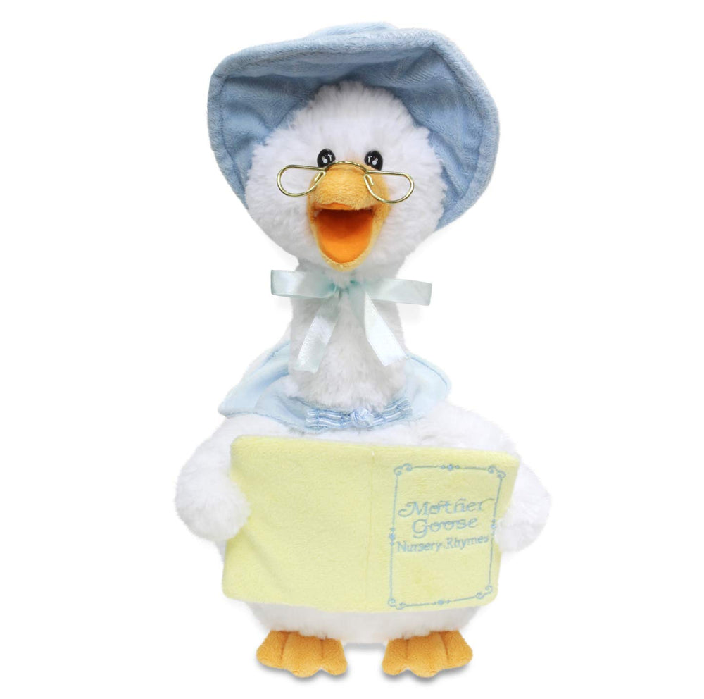 Cuddle Barn Mother Goose 14-inch animated plush reading aloud with head-turn motion.