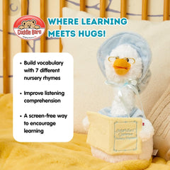 Cuddle Barn Mother Goose 14-inch plush spins beak while reciting rhymes.