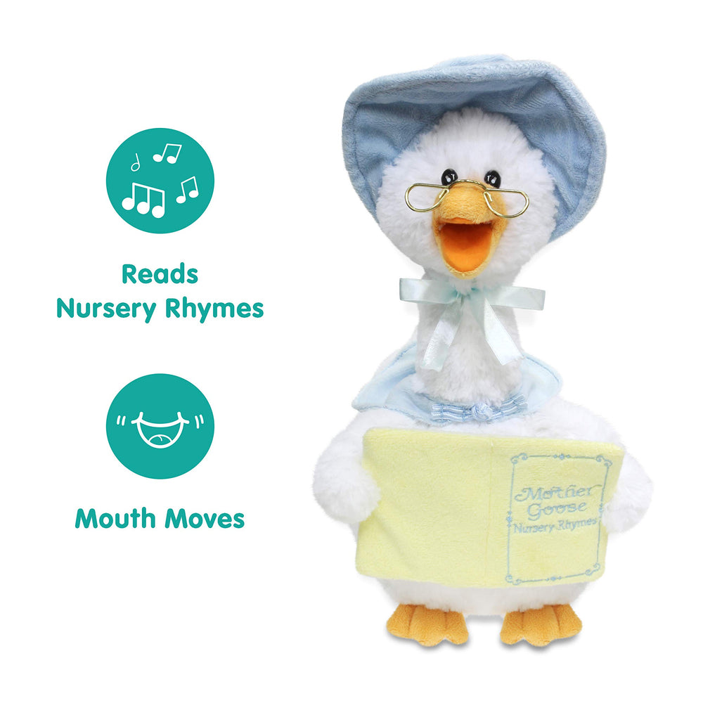 Cuddle Barn Mother Goose with glasses and hat bringing nursery rhymes to life.