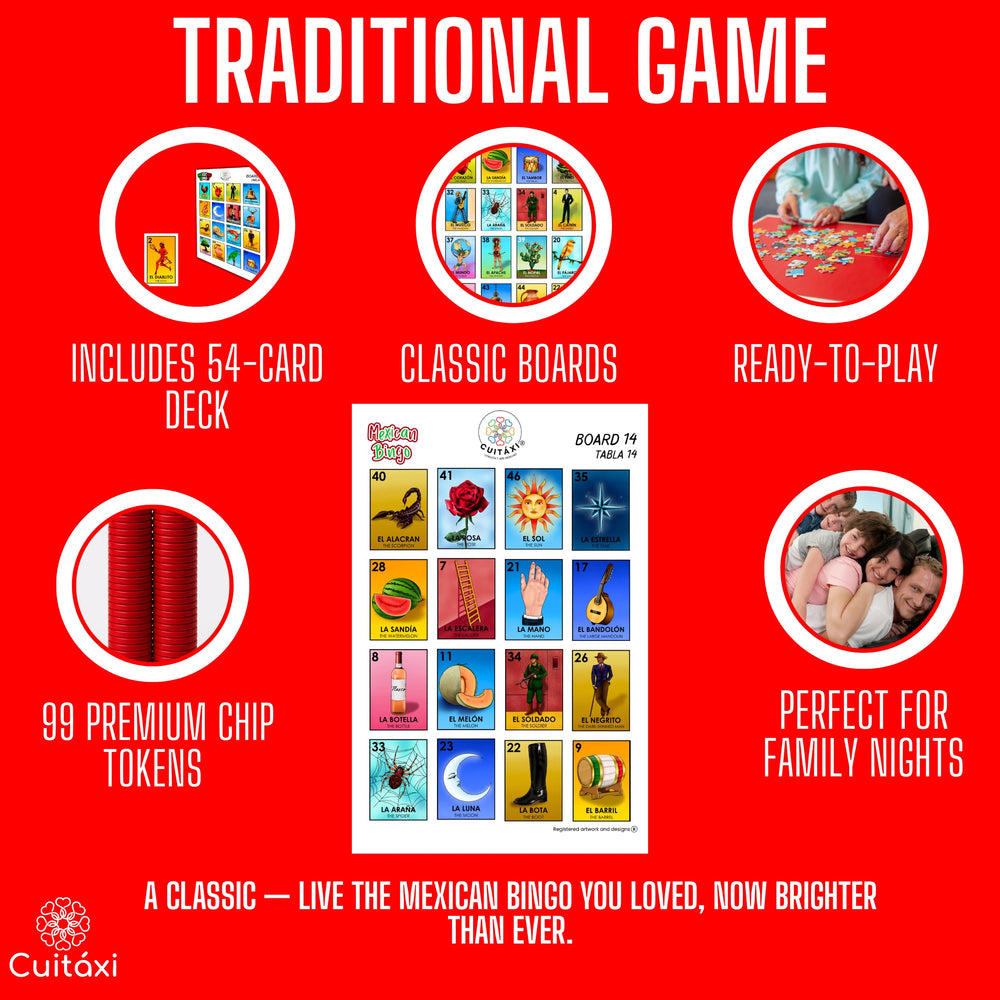 Cuitáxi bingo cards feature vivid traditional Mexican imagery for authentic fun.