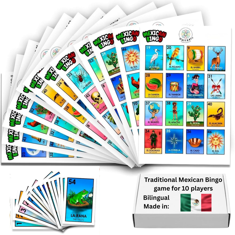 Cuitáxi Mexican Bingo cards with vibrant illustrations for lively family nights.