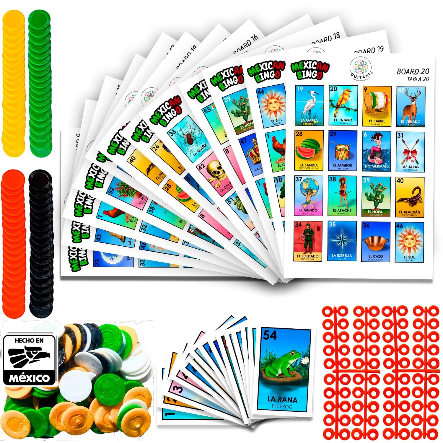 Cuitáxi Mexican Bingo Game with 100 chips for lively group play.