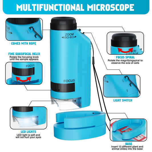 CUKU blue kids microscope, pocket-sized, easy to carry during trips.