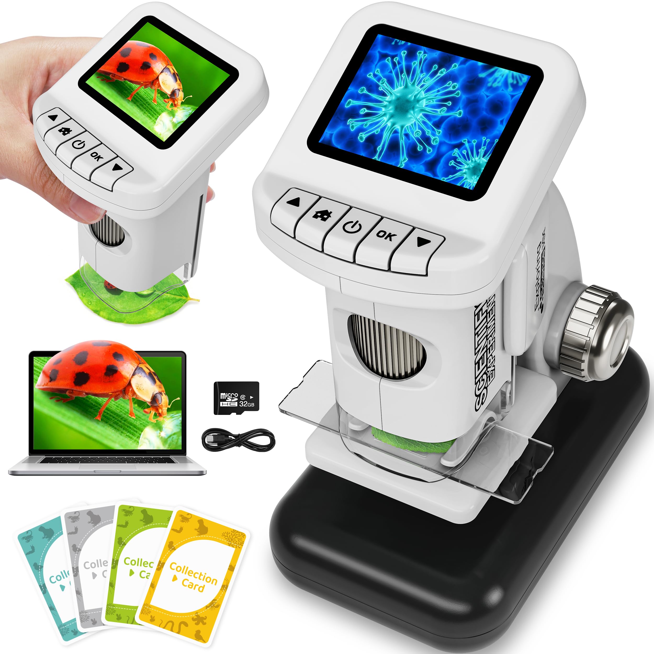 CUKU rechargeable digital microscope with a 2-inch screen for clear viewing by kids