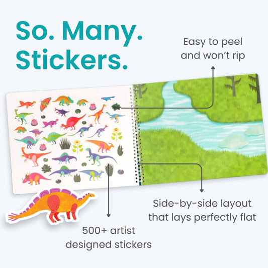 Cupkin Dinosaur Sticker Book Scene 2: colorful brachiosaurus page, screen-free car time