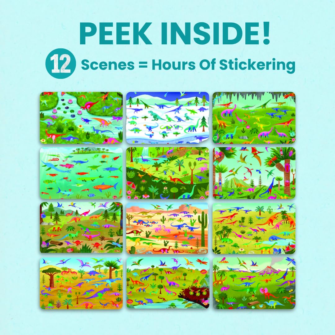 Cupkin Dinosaur Sticker Book Scene 5: colorful triceratops spread supports fine motor play