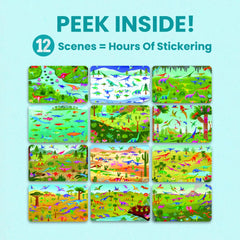 Cupkin Dinosaur Sticker Book Scene 5: colorful triceratops spread supports fine motor play