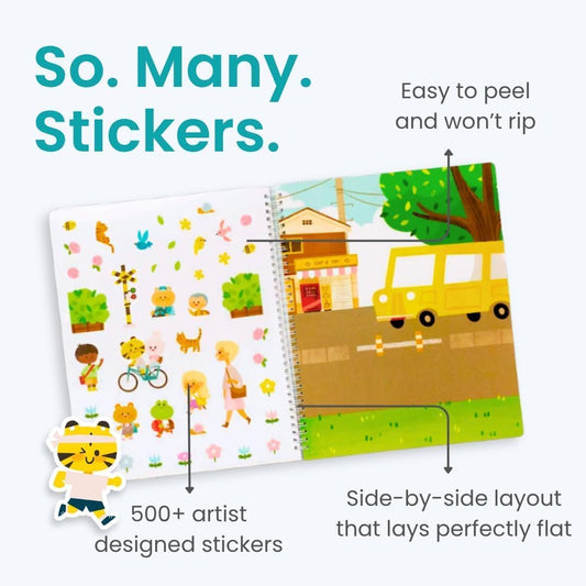 Cupkin Let’s Go to School sticker pages showcase colorful classroom scenes for creative play.