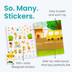 Cupkin Let’s Go to School sticker pages showcase colorful classroom scenes for creative play.