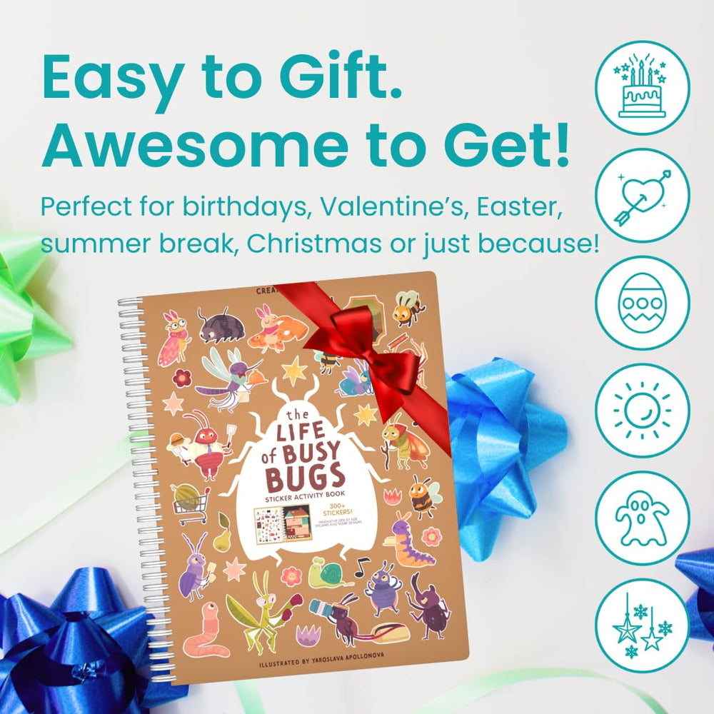 Gift-ready Cupkin Busy Bugs sticker book packaging for birthdays