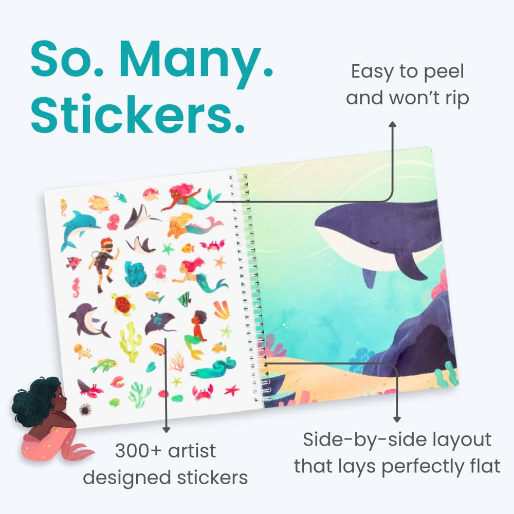 Cupkin Mystical Mermaids pages open showing side by side scenes for small hands
