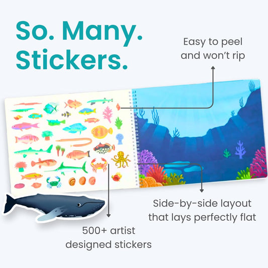 Cupkin Ocean 500+ sticker book scene-1—sea life stickers spark imaginative play on trips.