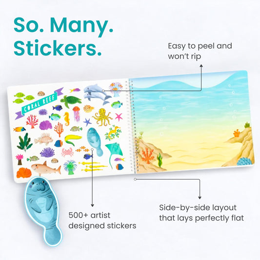 Cupkin ocean-scene sticker page for engaging, screen-free travel activities