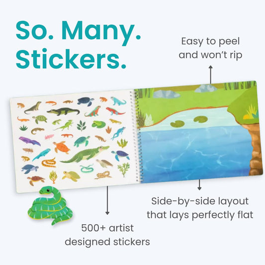 Cupkin Reptiles sticker book spread with 12 scenes to spark travel storytelling