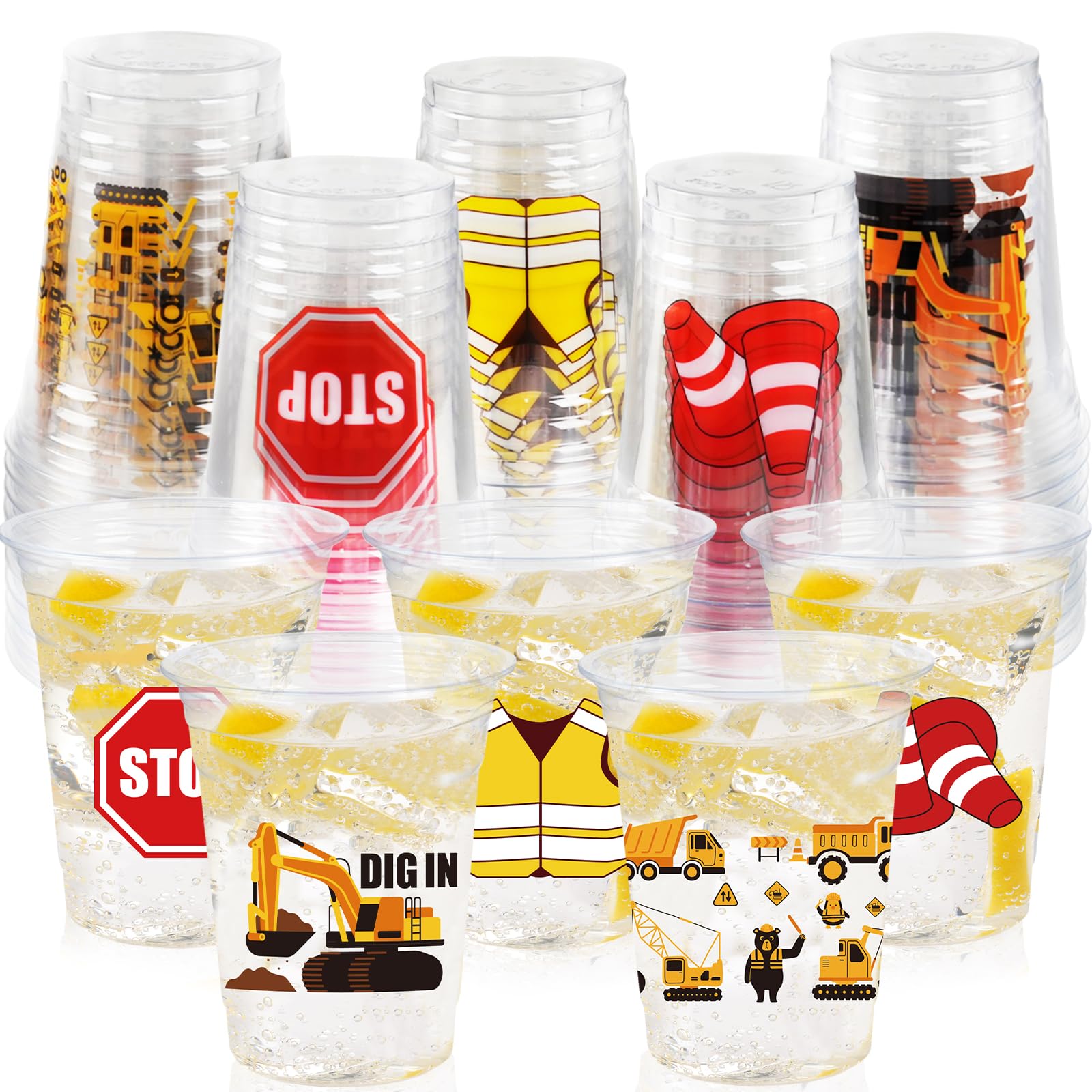 CUPLOOV 12oz construction cup with excavator design, ideal for kids' party beverages