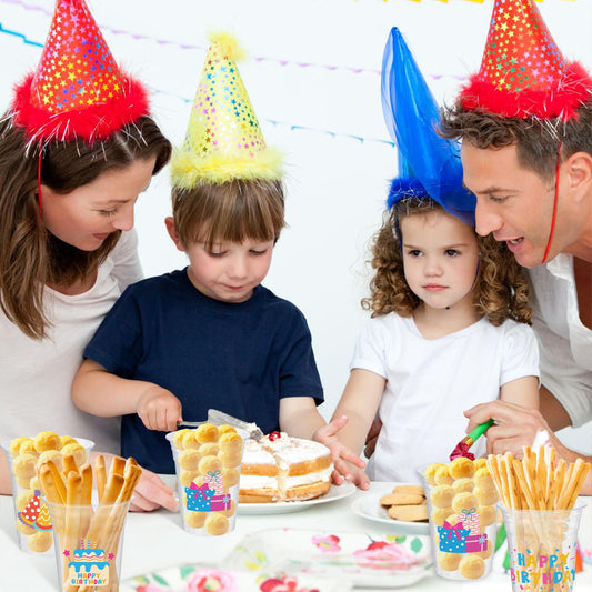 CUPLOOV 12oz cake-design cups enhance birthday table settings and quick refills