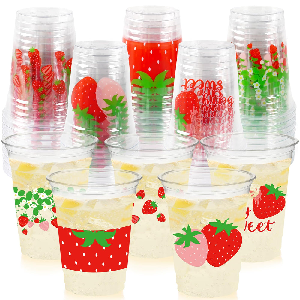 CUPLOOV strawberry cups 12 oz with rustic strawberry design, ideal for beverages and desserts.