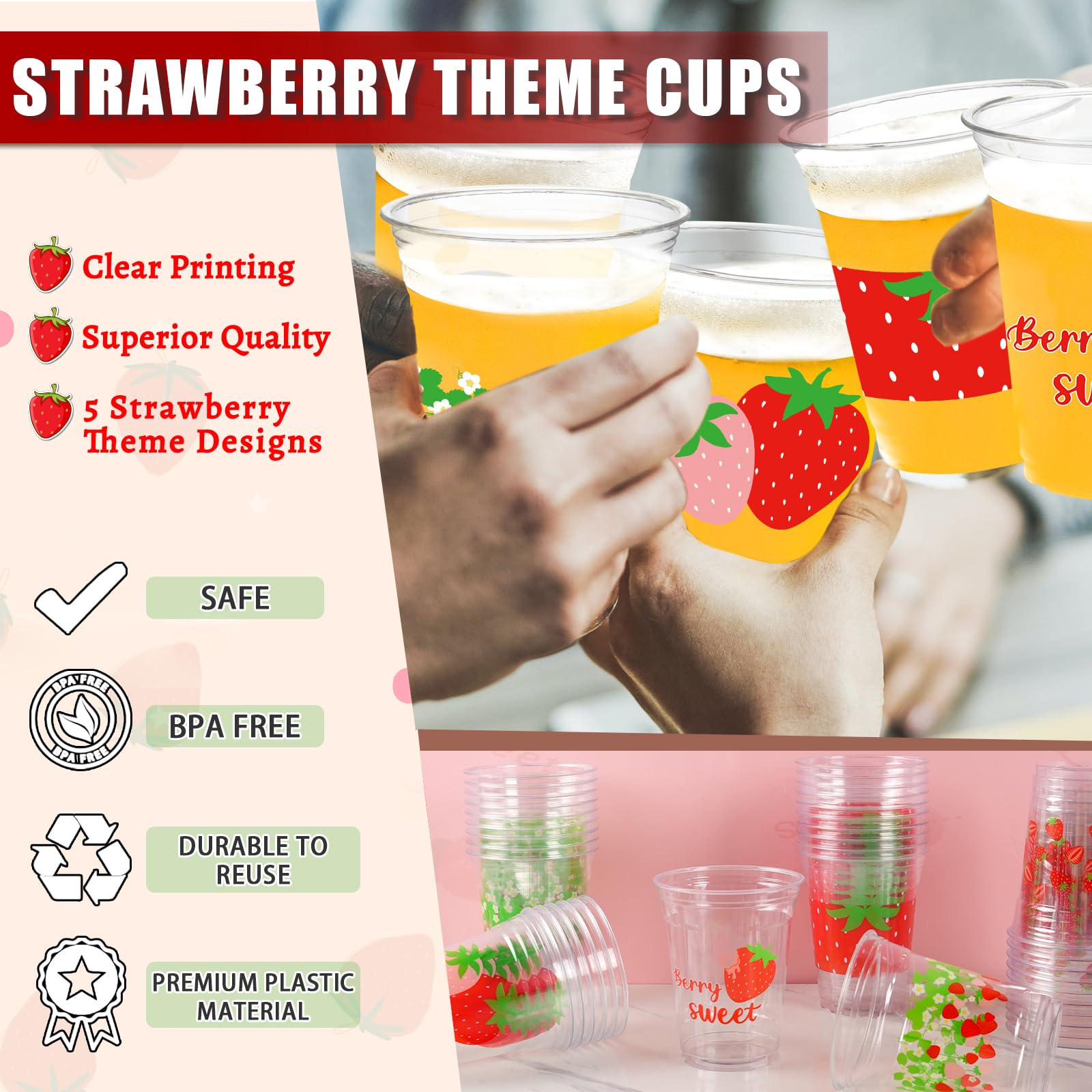 CUPLOOV strawberry cups with pink white green palette, add whimsical charm.