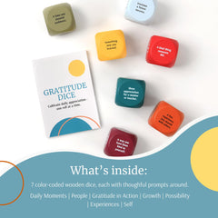 Curiosity Driven Gratitude Dice wooden texture emphasizing premium tactile experience.