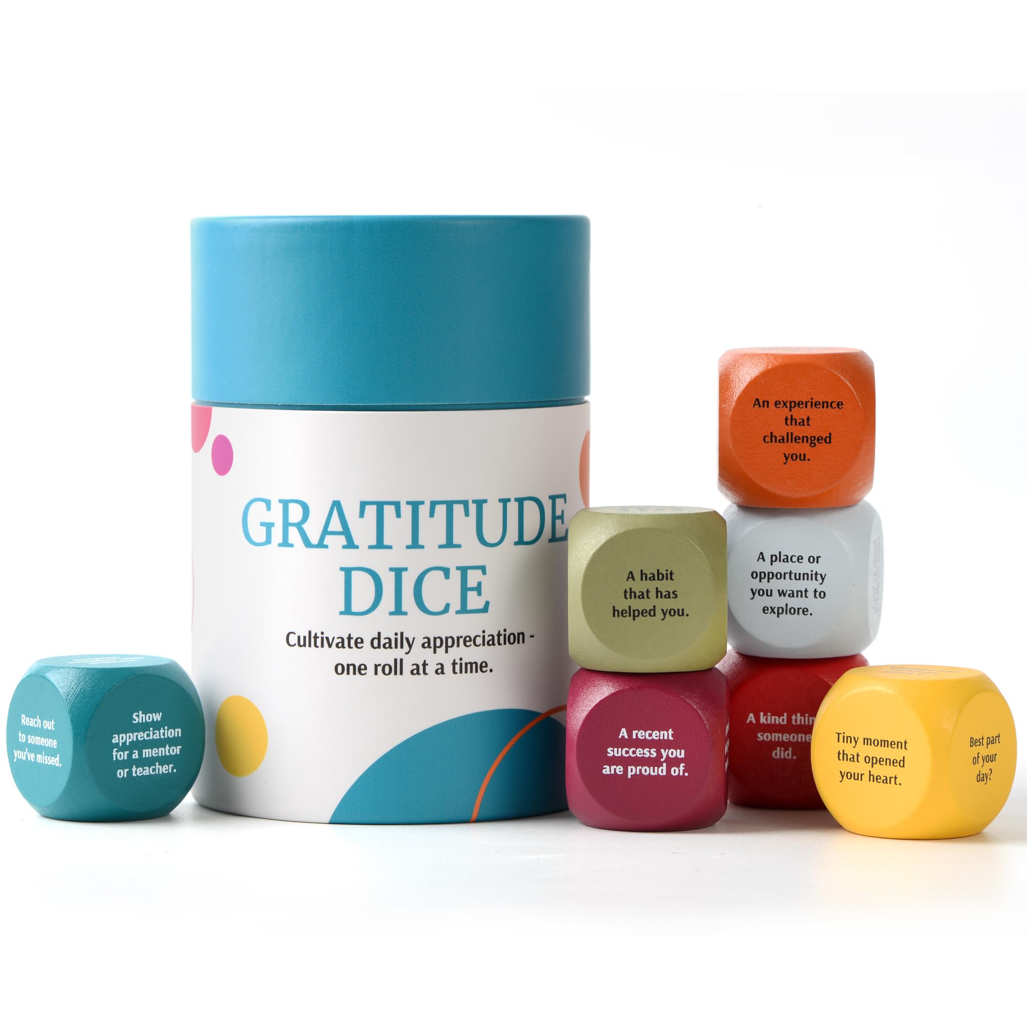 Curiosity Driven Gratitude Dice Set with eight color-coded wooden dice for daily prompts.