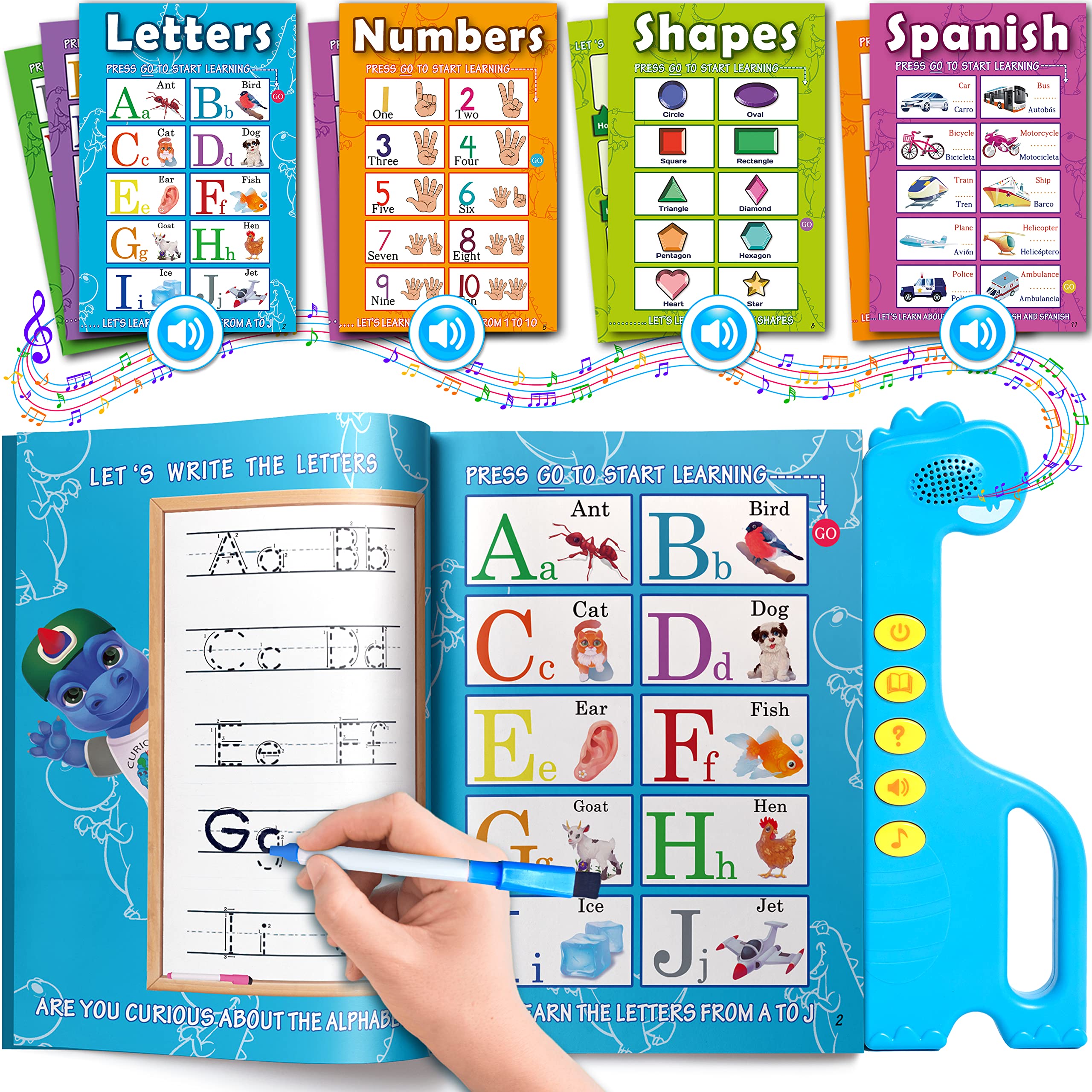 Curious 2 Learn ABC learning book open showing letters and numbers