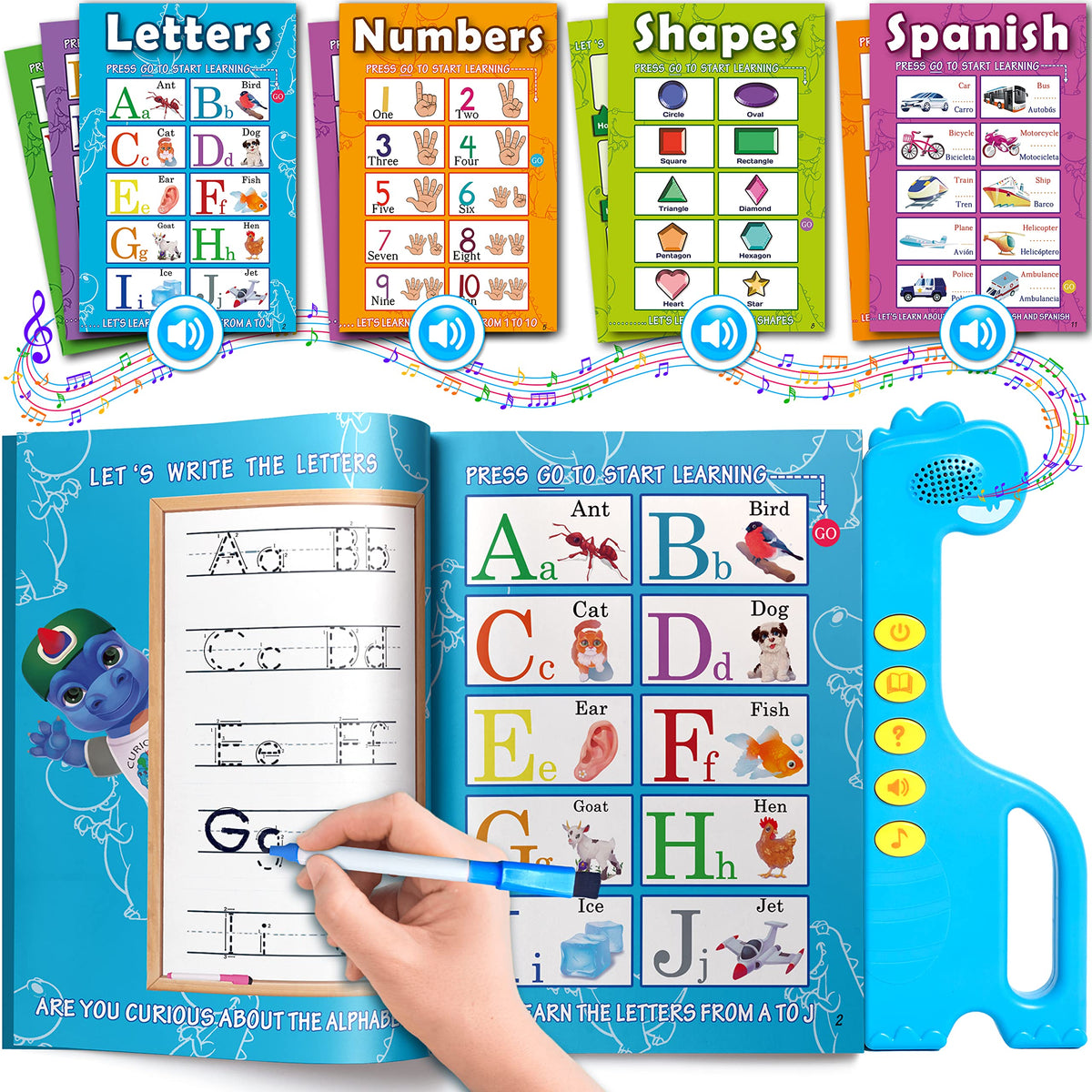 Curious 2 Learn ABC learning book open showing letters and numbers