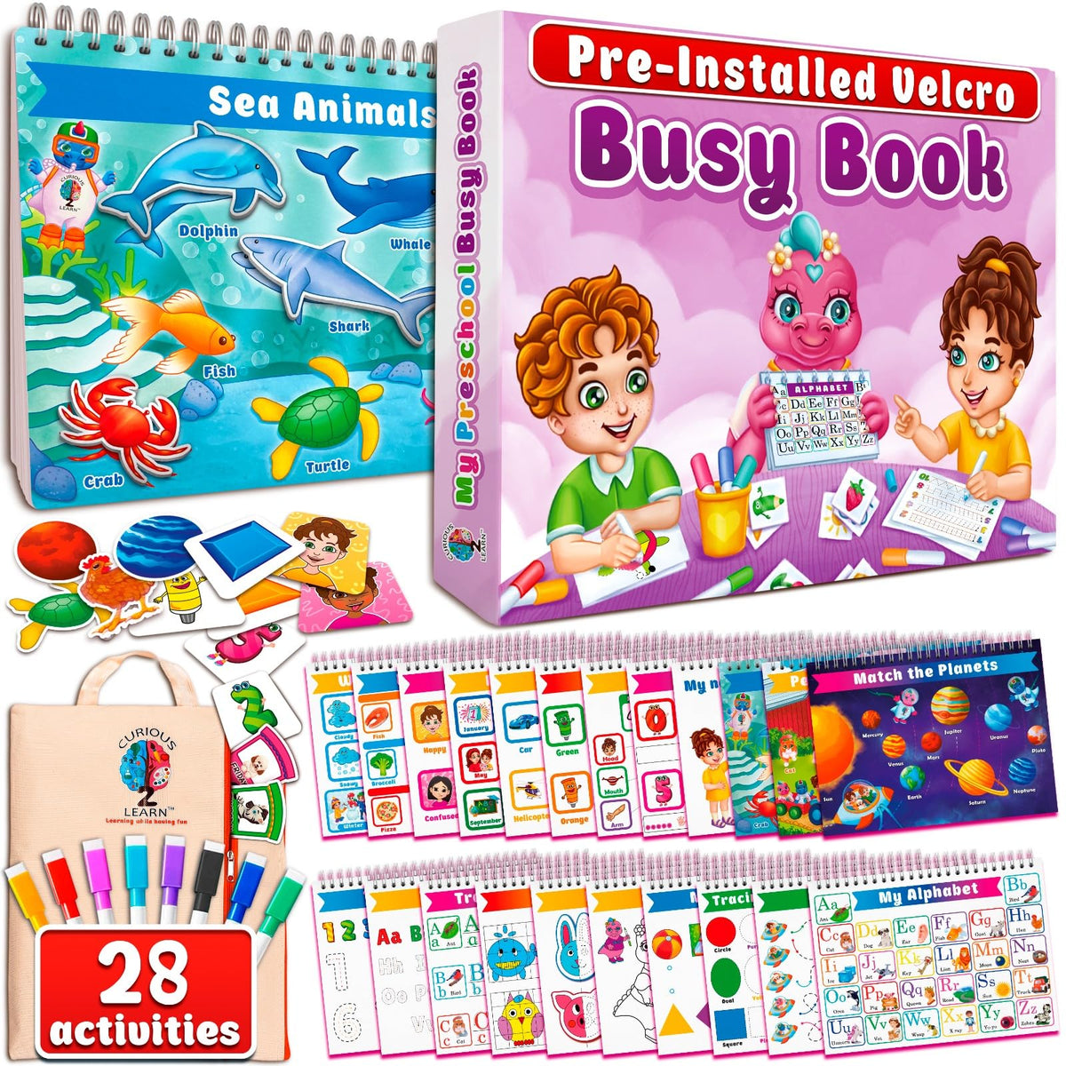 Curious 2 Learn busy book with thick pages showing durable construction for daily toddler use.