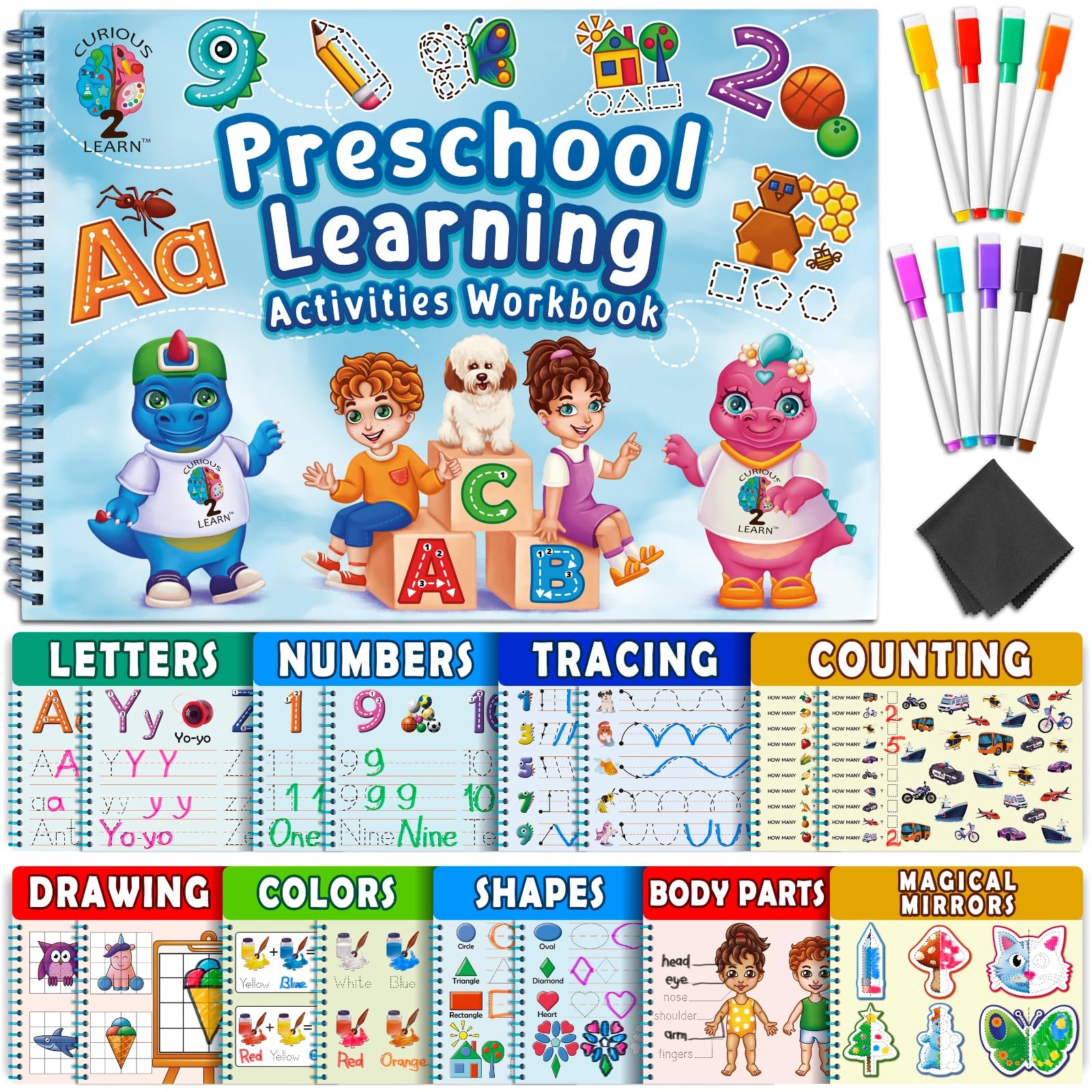 Curious 2 Learn hardcover preschool workbook for durable, mess-free learning.
