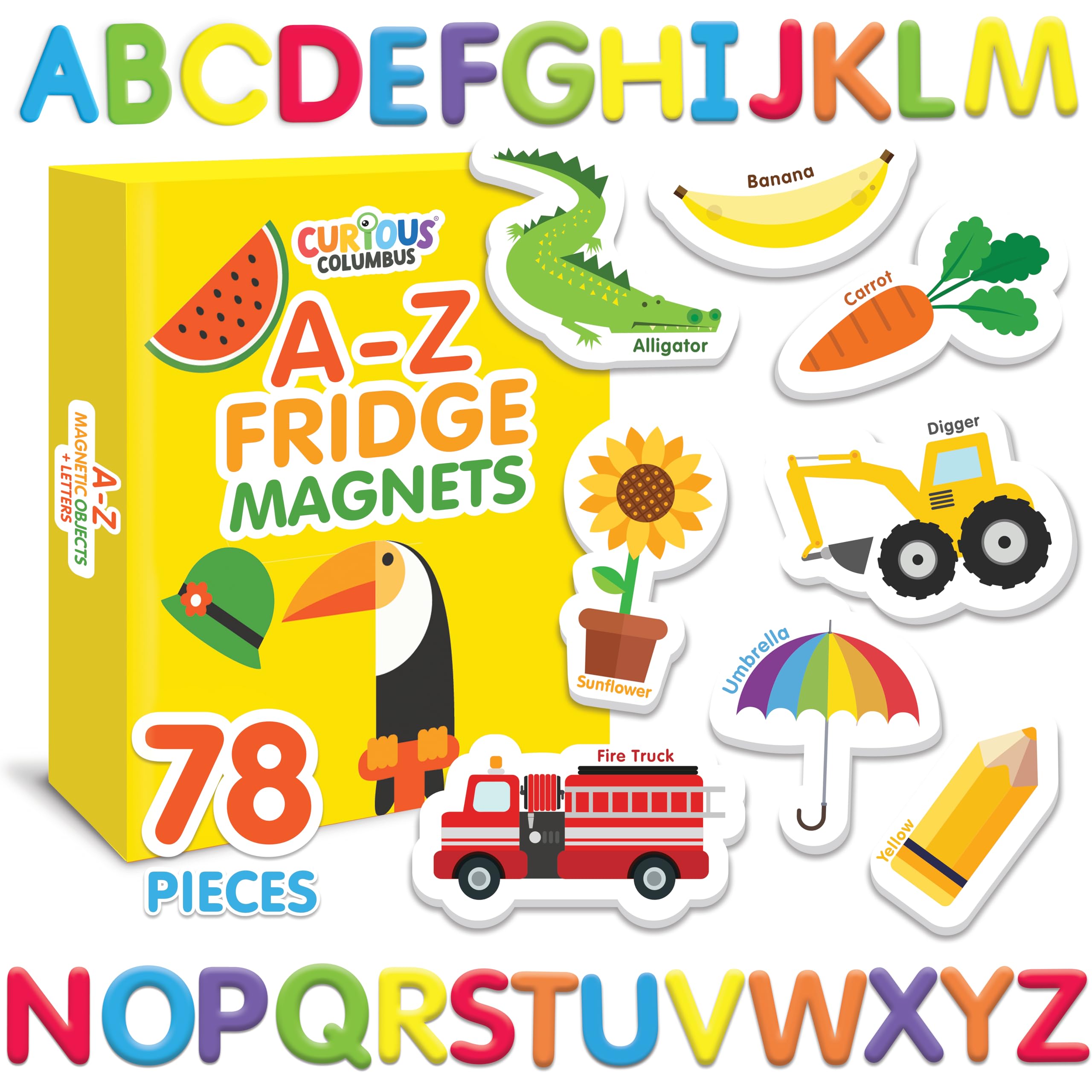 Curious Columbus magnets: objects and letters for fridge word play