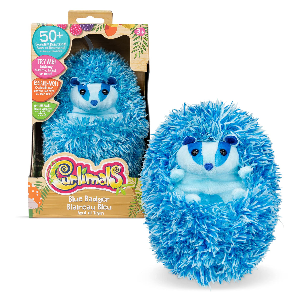 Curlimals Blue the Badger close-up plush, soft 5-inch cuddle buddy for bedtime stories.
