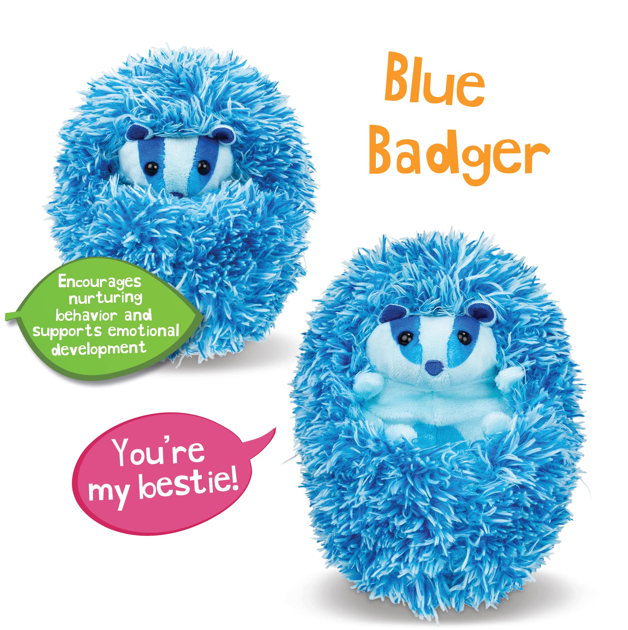 Curlimals Blue the Badger with soft polyester fur invites gentle hugs and cozy afternoons.