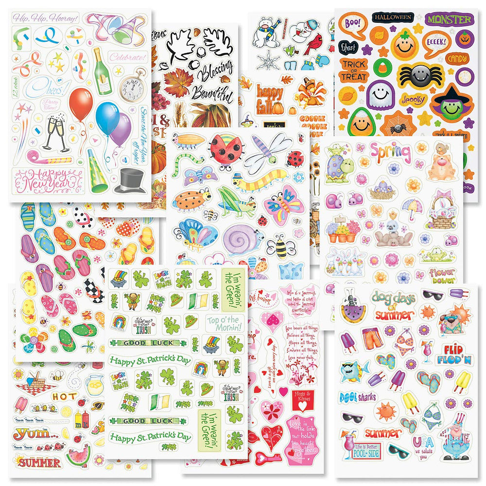 Current Year-Round sticker pack: twelve sheets of vibrant designs for planners.