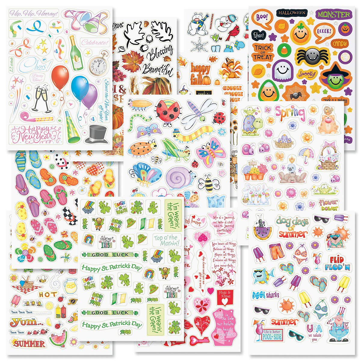 Current Year-Round sticker pack: twelve sheets of vibrant designs for planners.