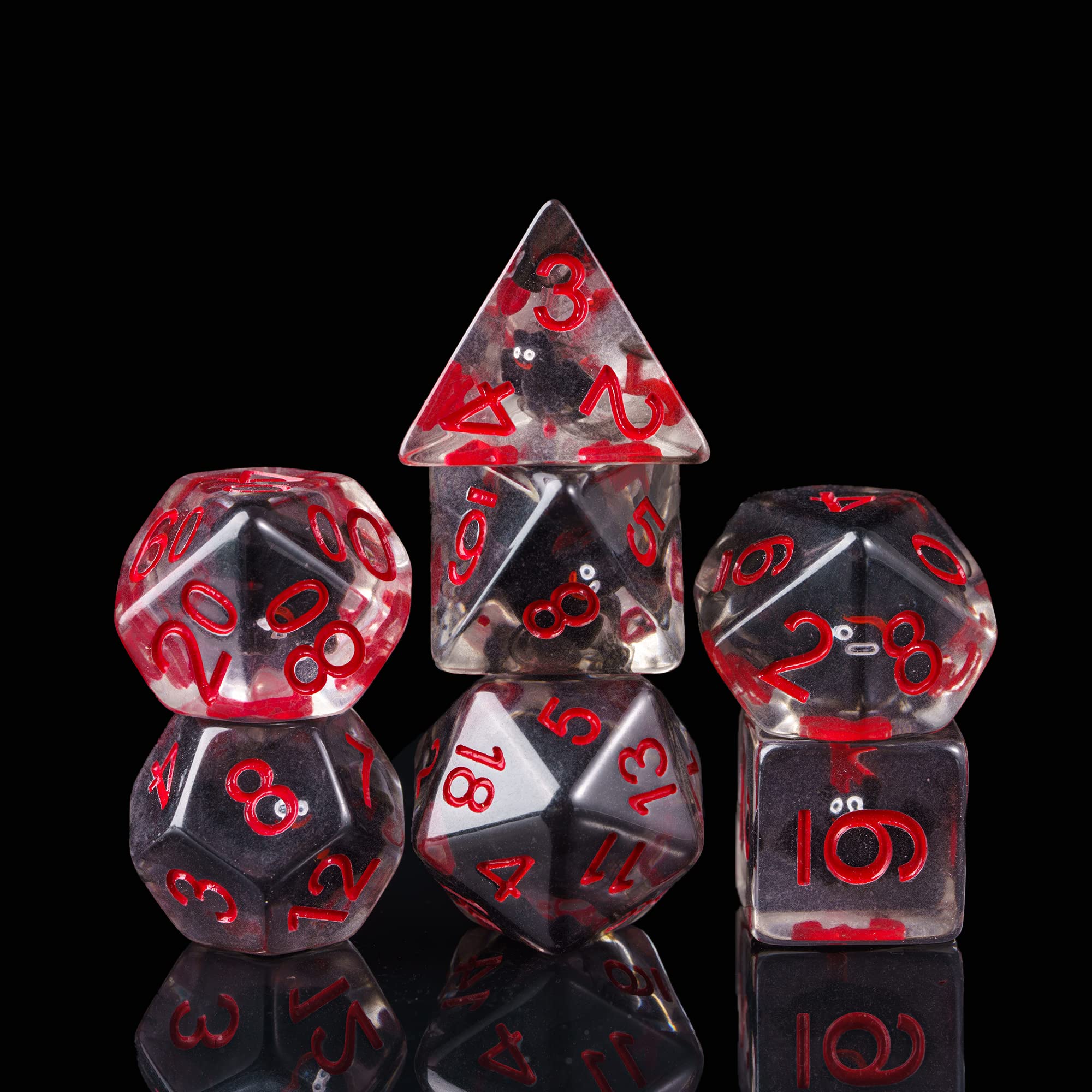 Cusdie 7-Die bat-filled DND dice inside clear resin, Halloween vibe
