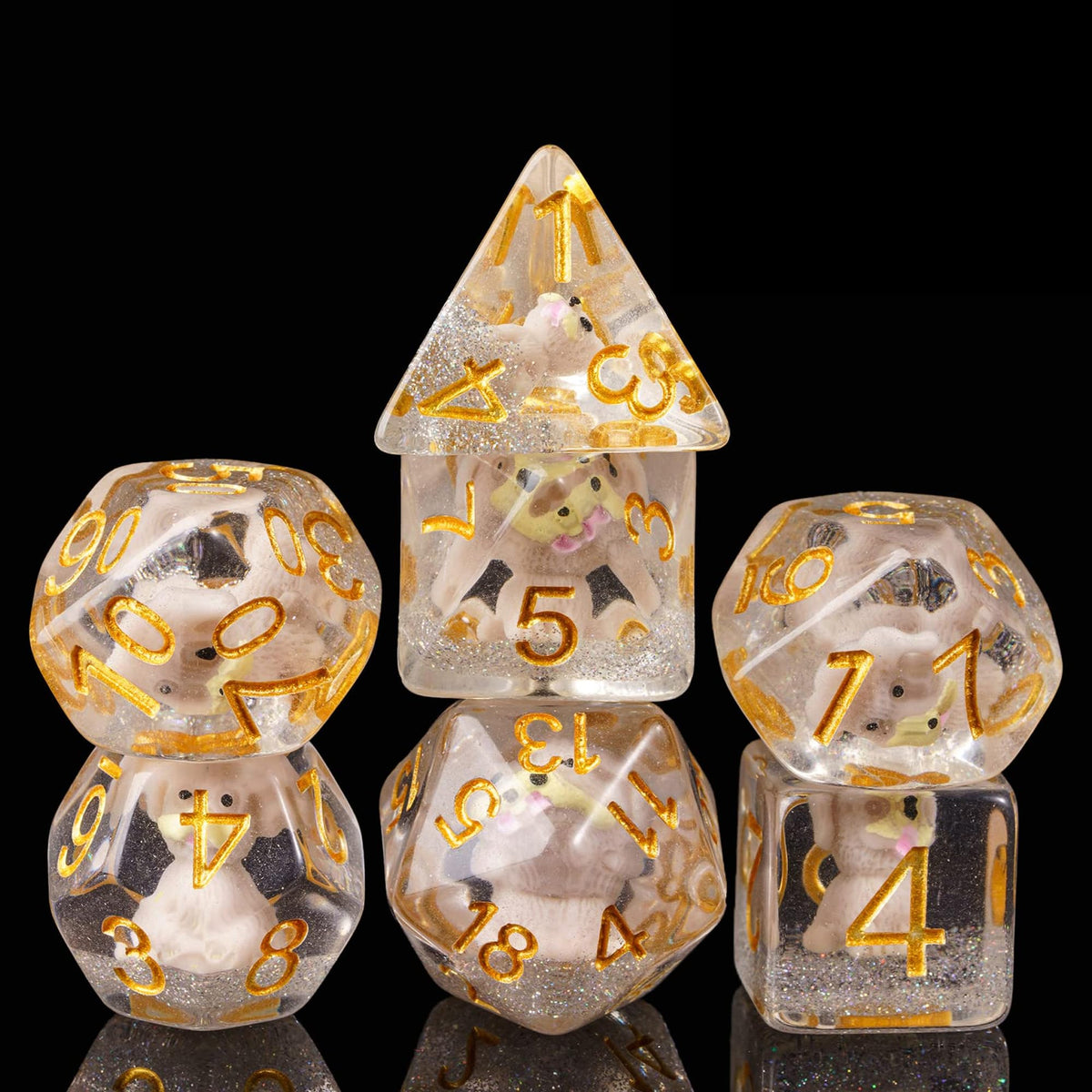 Cusdie seven-die DND dice with a dog inside for playful tabletop gaming.