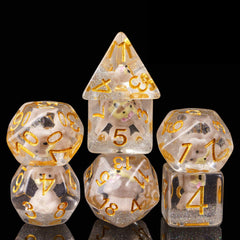 Cusdie seven-die DND dice with a dog inside for playful tabletop gaming.