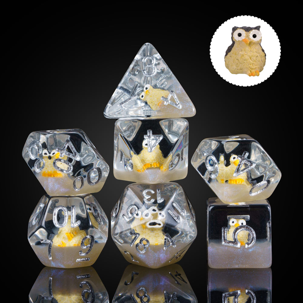 Cusdie 7-Die DND dice with owl-filled interior for magical RPG moments.