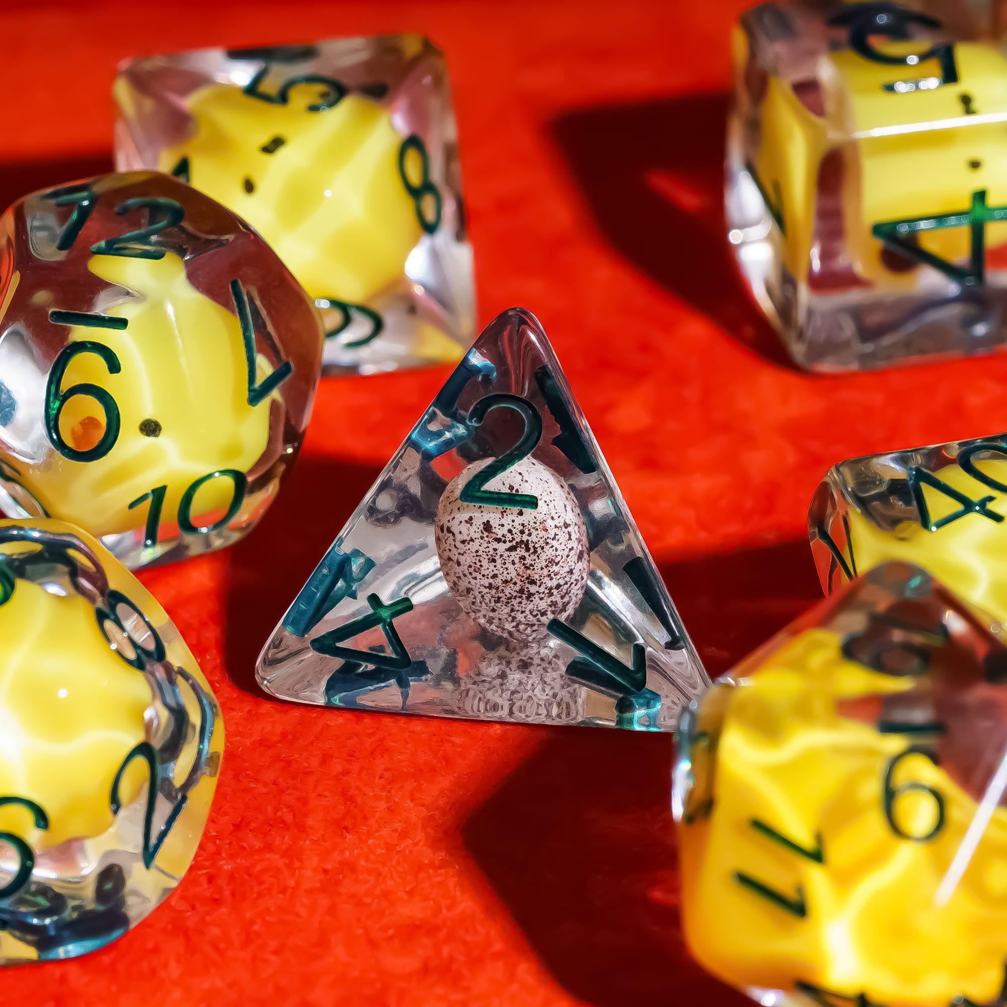 Cusdie 7-Die DND dice set, D10 yellow chicken, eye catching design for RPG sessions