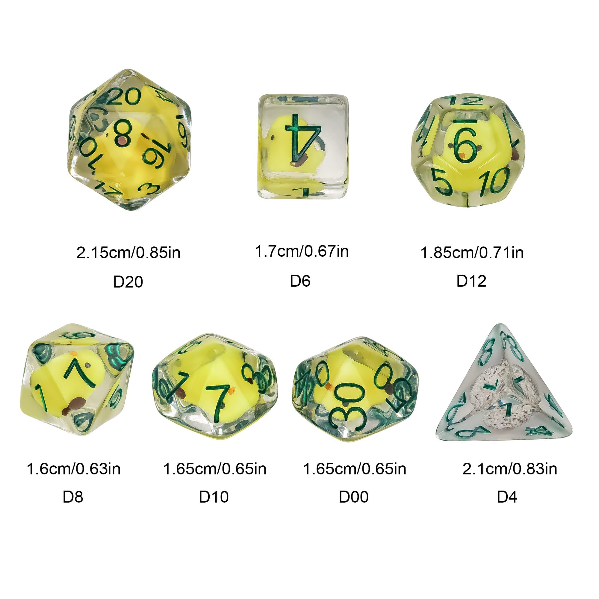Cusdie 7-Die DND dice set, D12 yellow chicken, durable resin for long campaigns