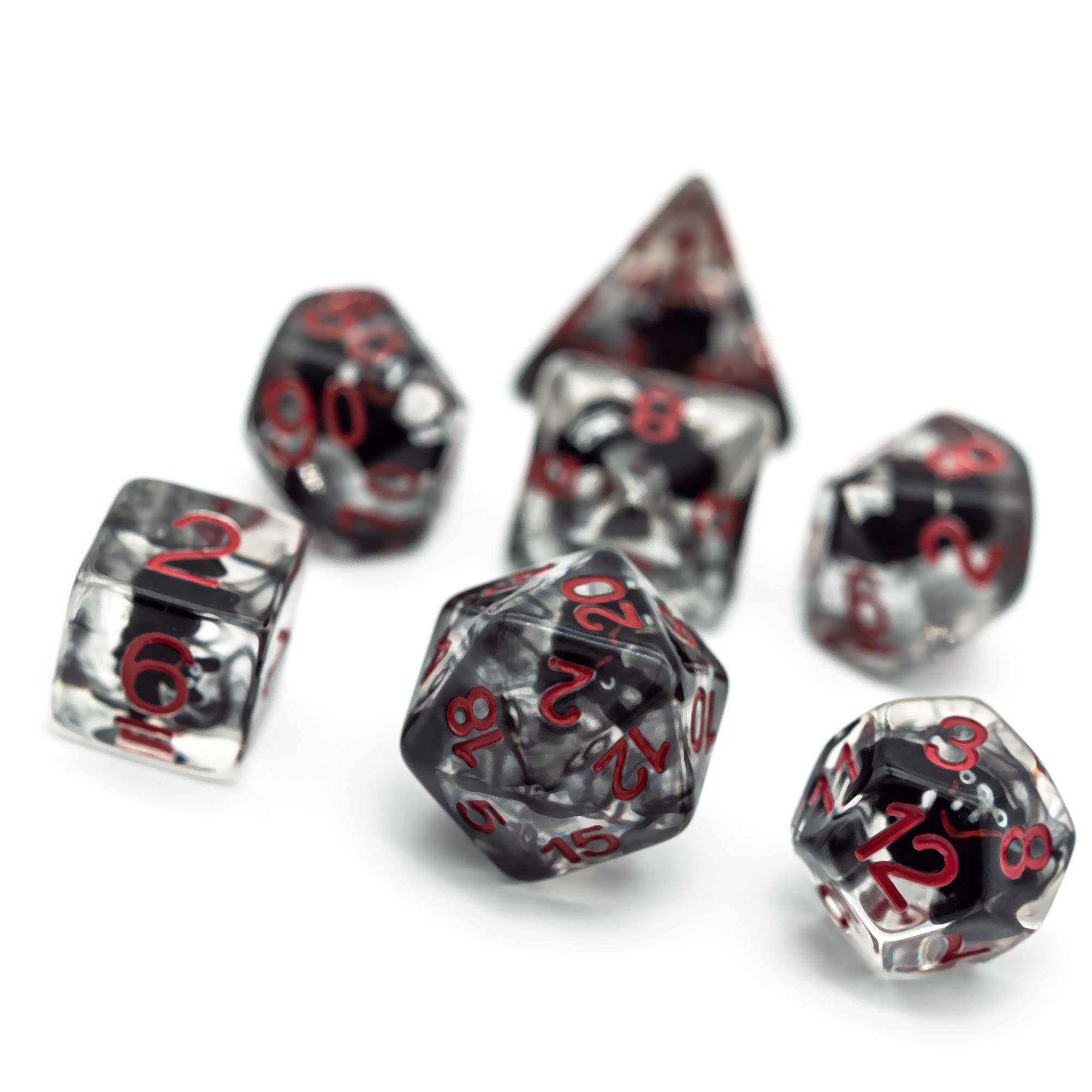 Cusdie bat-filled DND dice in a close-up view