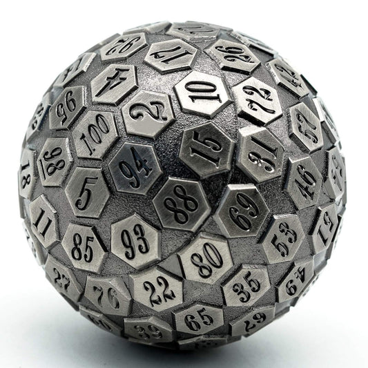 Cusdie D100 metal dice in ancient silver, close-up, highlighting the large 100 faces