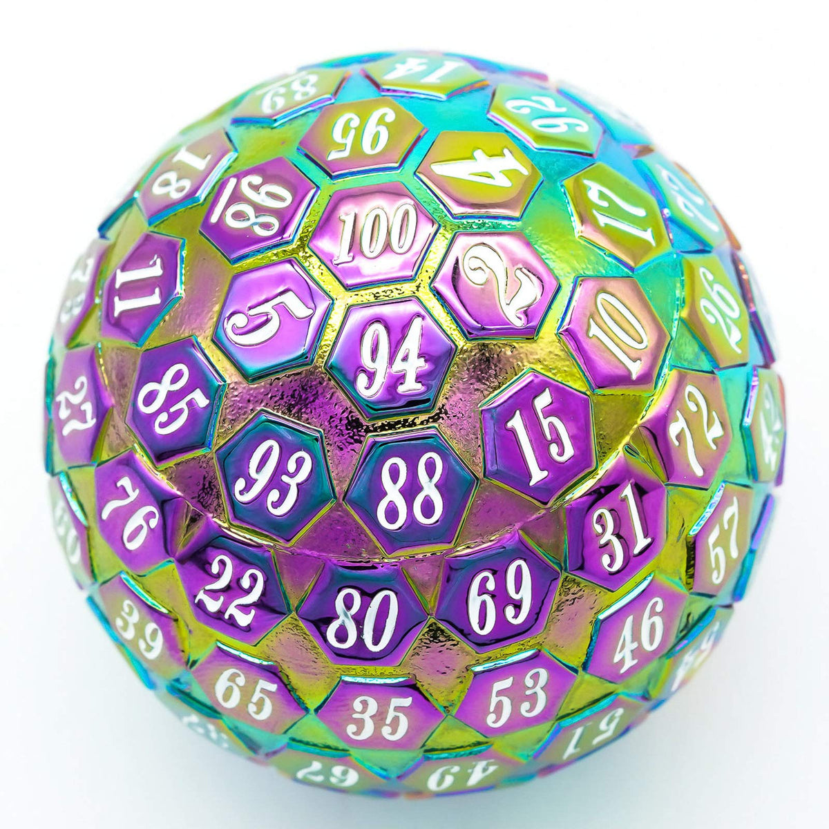 Cusdie D100 rainbow metal dice with white numbers, durable for daily RPG sessions