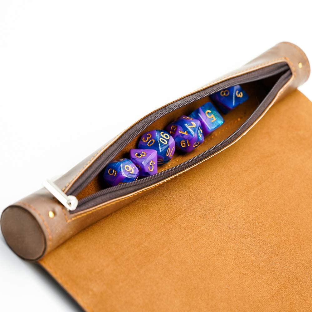 Cusdie zipper pouch inside the brown mat keeps dice organized and secure
