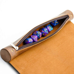 Cusdie zipper pouch inside the brown mat keeps dice organized and secure