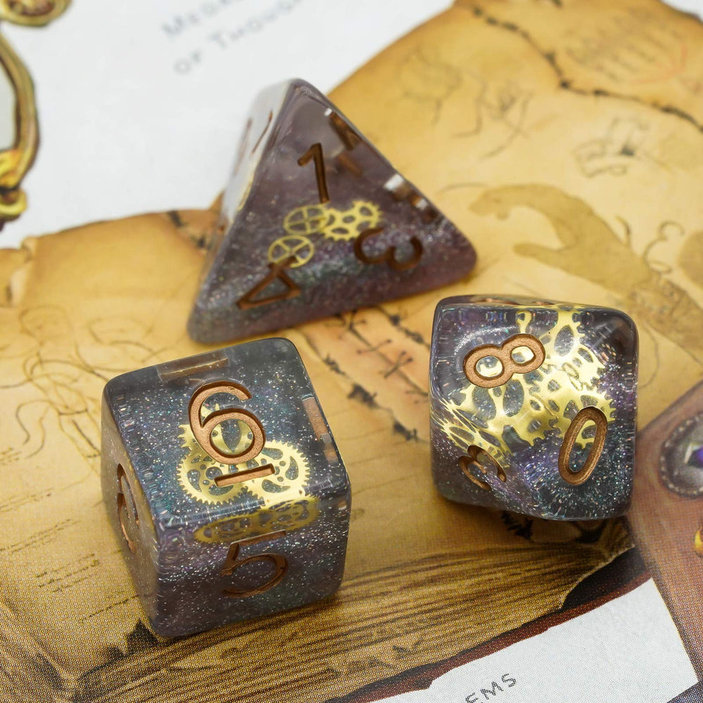 Cusdie DND dice gear-embedded resin closeup showing craftsmanship