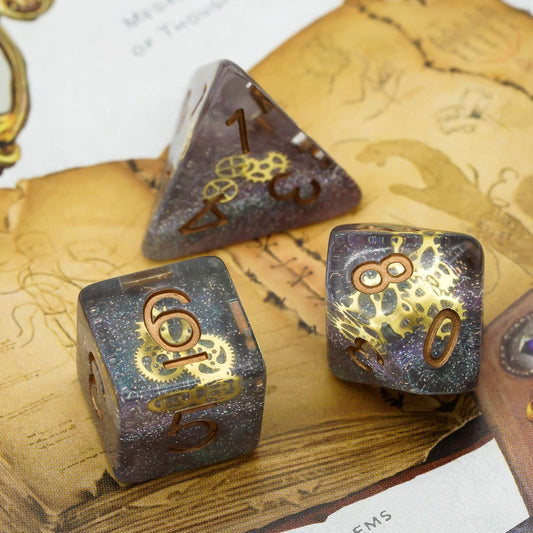 Cusdie DND dice gear-embedded resin closeup showing craftsmanship