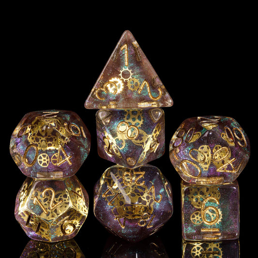 Cusdie DND dice gear-filled galaxy on display for epic tabletop sessions