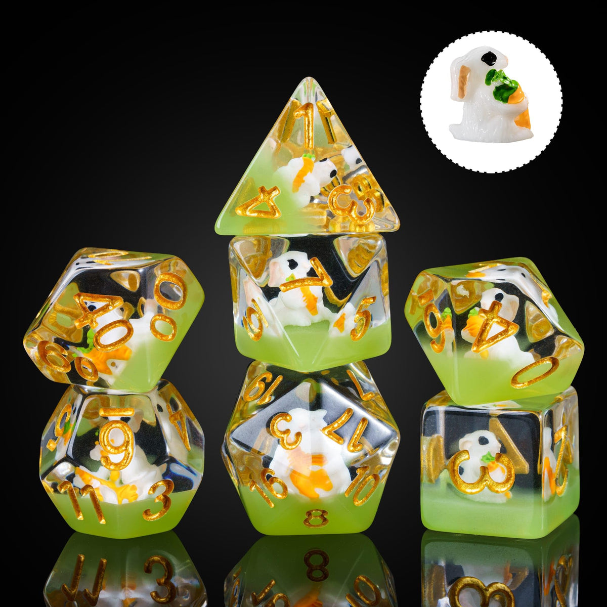 Cusdie DND dice with a rabbit inside for tabletop play