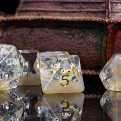 Readable silver numerals on DND dice aid quick RPG rolls.